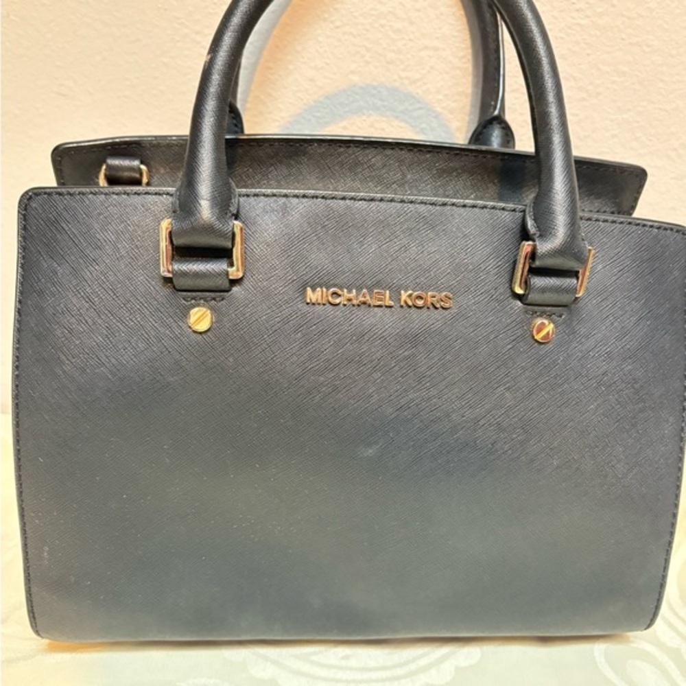 Michael Kors Black Selma Saffiano Satchel with Gold Accents